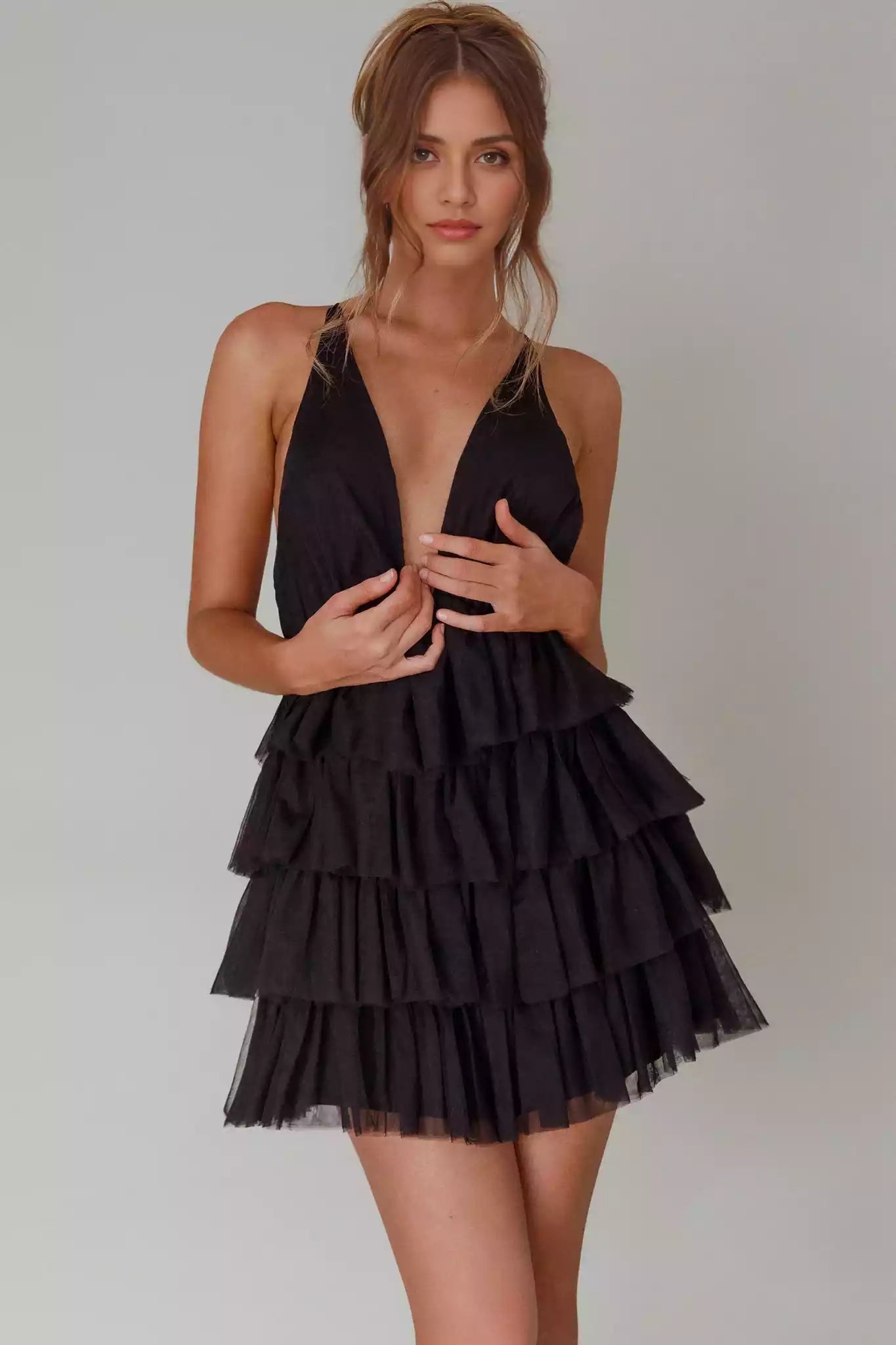 Exquisite mini lining, deep V-neck, layered ruffle edges, cross straps, back zipper, Homecoming Dresses