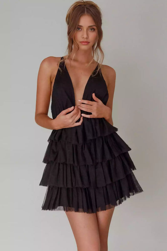 Exquisite mini lining, deep V-neck, layered ruffle edges, cross straps, back zipper, Homecoming Dresses