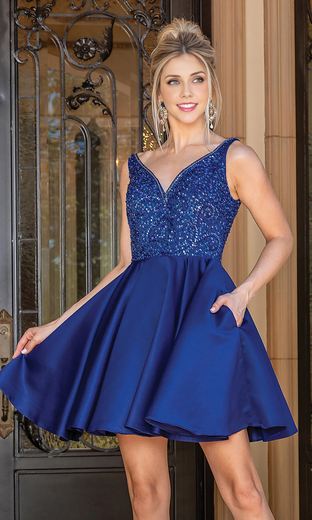 OKBBN's dazzling short spiral shaped sequins with V-neck and deep V-shaped beads, Homecoming Dresses