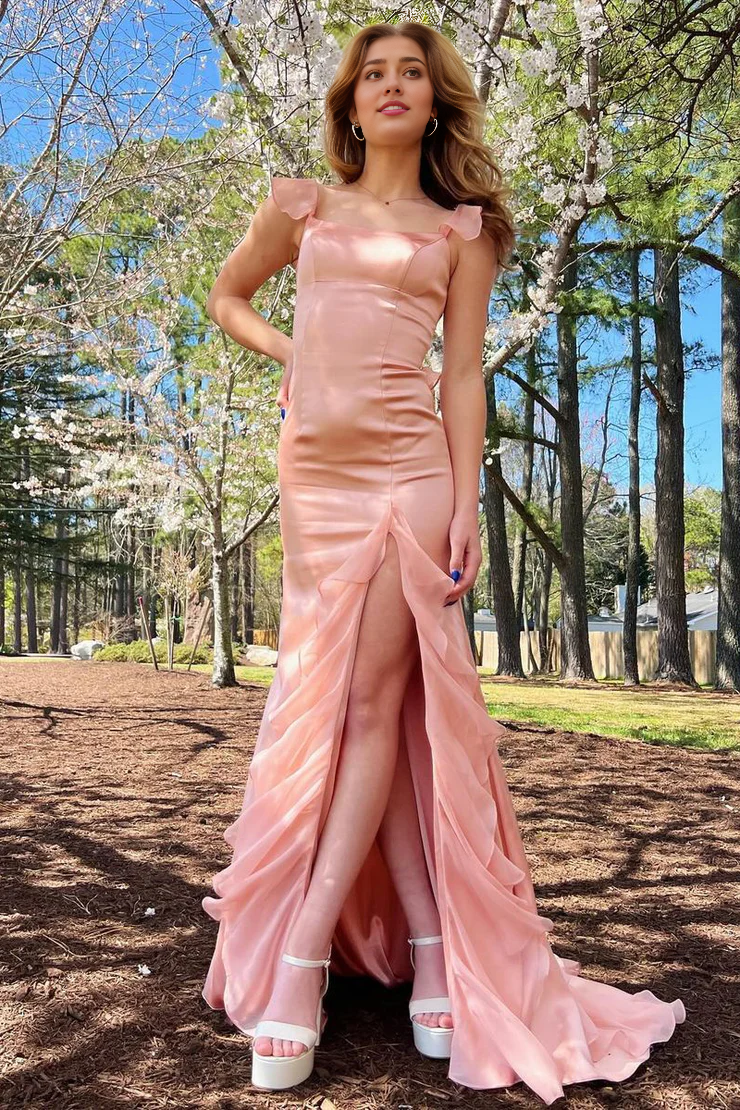 OKBBN square neck ruffled chiffon slit long ball gown