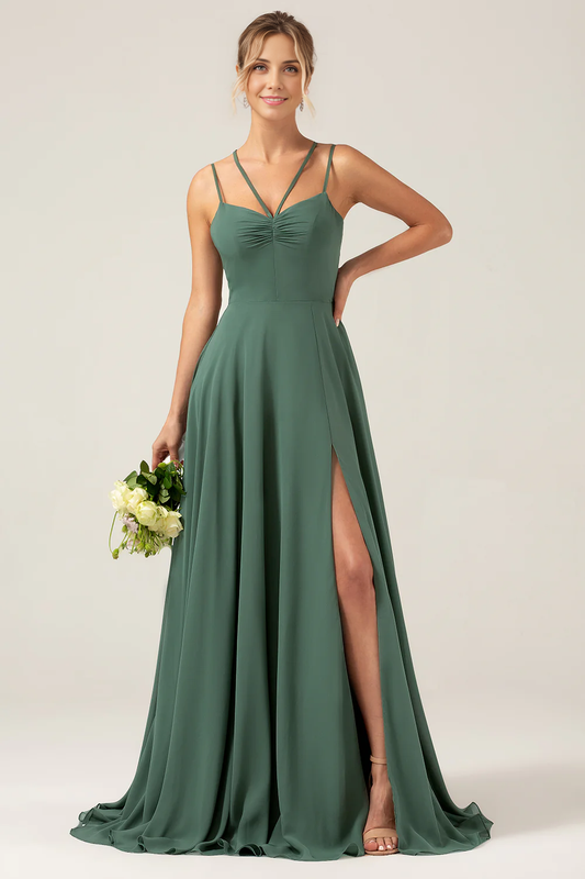 Charming A-line slim shoulder pleated chiffon bridesmaid dress