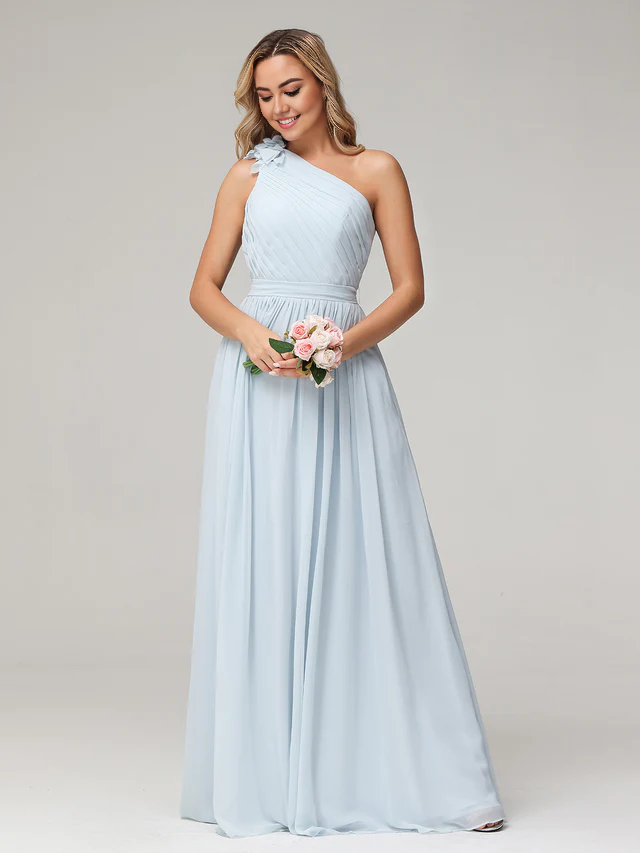 OKBBN Single Shoulder Pocket Chiffon Bridesmaid Dress