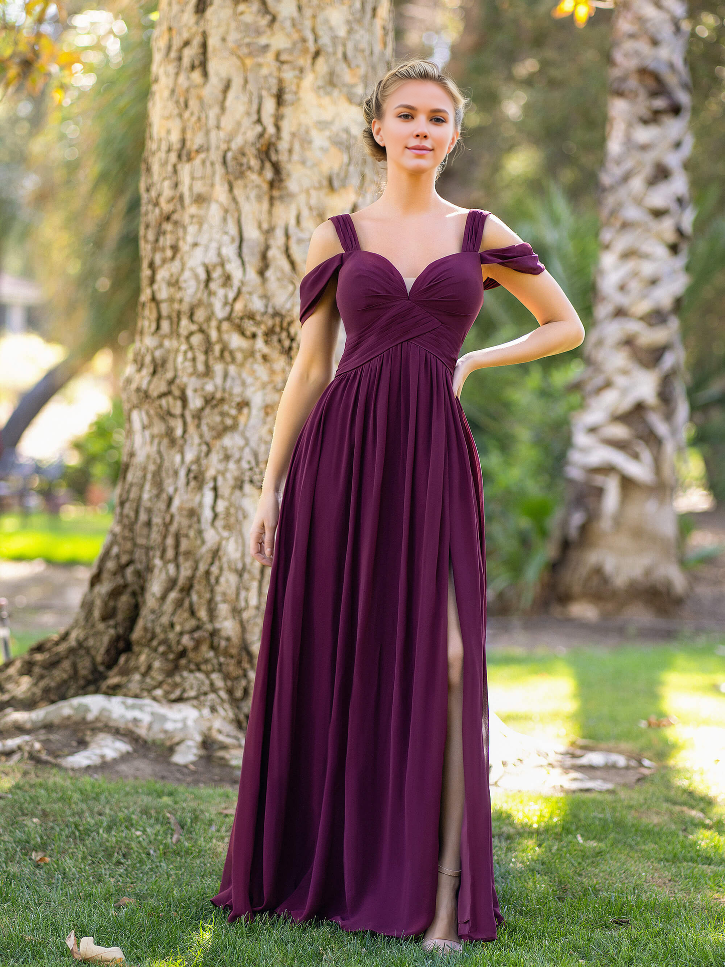 OKBBN A-line V-neck and floor chiffon ball gown
