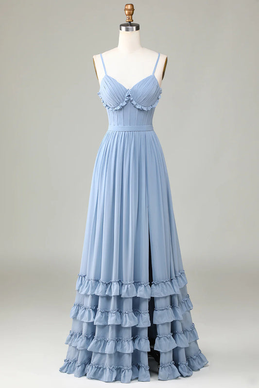 OKBBN waist cinched thin shoulder strap long backless bridesmaid dress