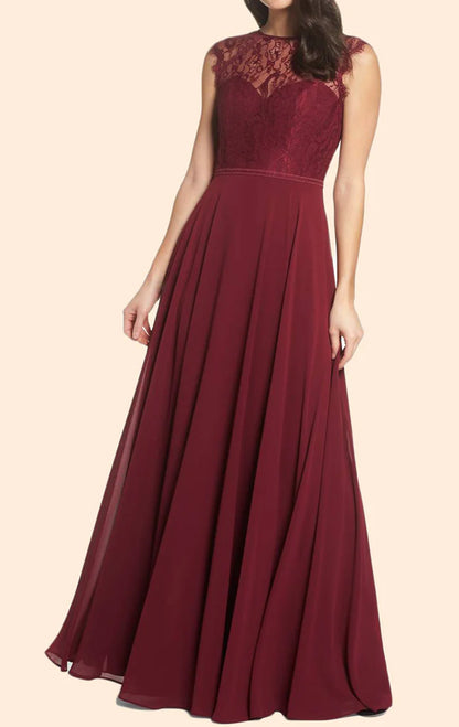 OKBBN Sleeved Lace Chiffon Long Formal Ball Dress