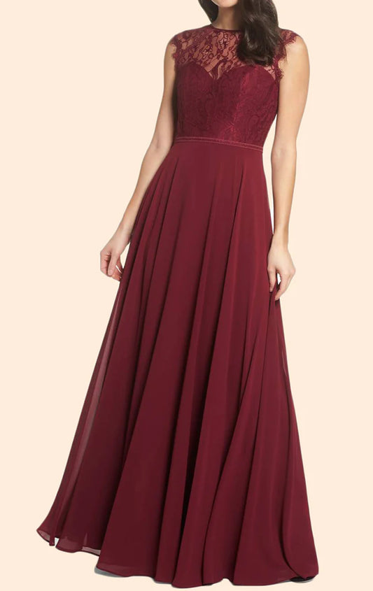 OKBBN Sleeved Lace Chiffon Long Formal Ball Dress