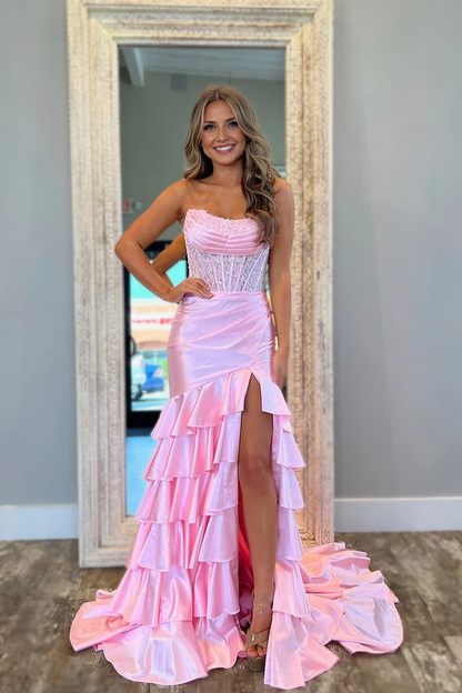 OKBBN Charming Mermaid Off Shoulder Pink Satin Long Ball Dress
