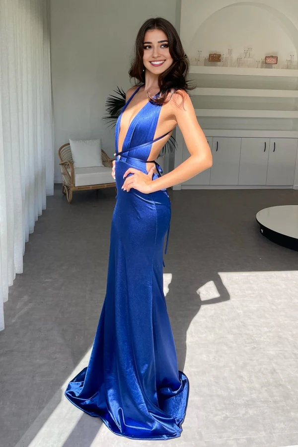 OKBBN sexy mermaid low V-neck backless sleeveless pleated backless and ground ball dress