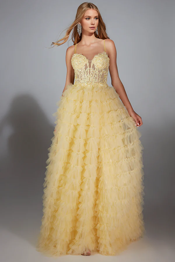 OKBBN Fashion Modern A-line off shoulder thin shoulder strap sleeveless applique chiffon layered dance dress