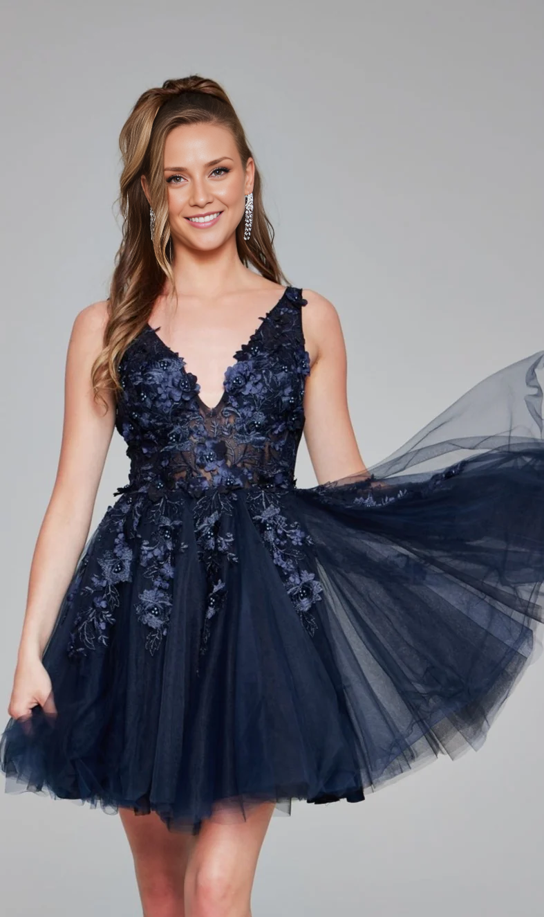 OKBBN's gorgeous floral decal perspective V-neck slim fit layered opaque sheer Homecoming Dresses