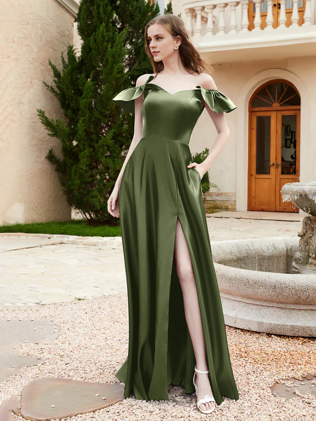 OKBBN Elegant Off Shoulder Satin Bridesmaid Dress