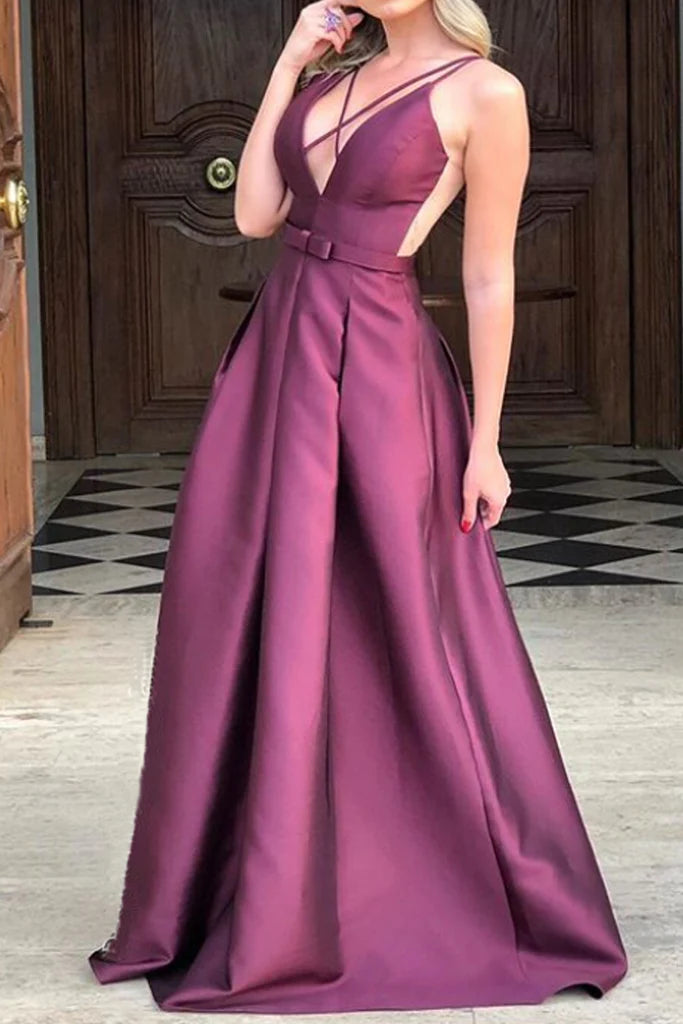 OKBBN V-neck satin long formal ball gown with suspender straps