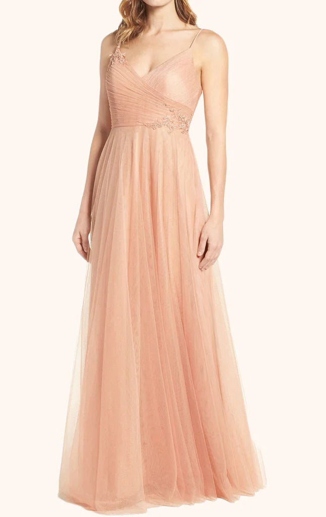 OKBBN V-neck chiffon ball gown with suspenders