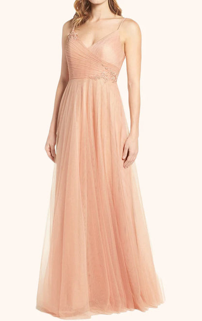 OKBBN V-neck chiffon ball gown with suspenders