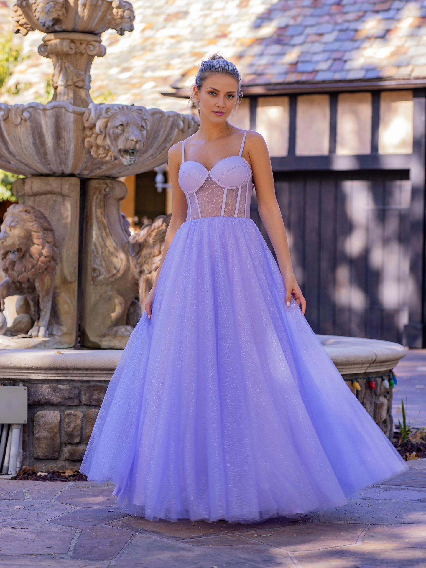 OKBBN thin shoulder strap tight corset and chiffon ball gown