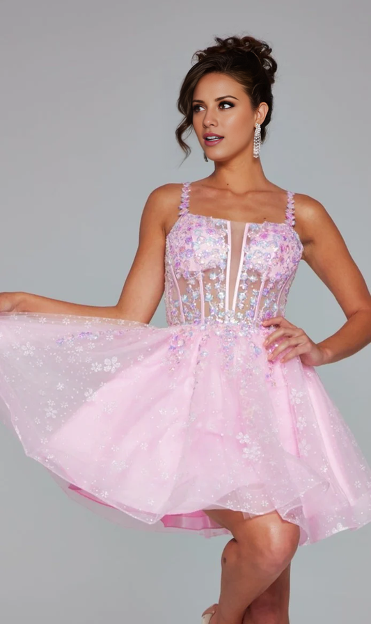 OKBBN A-line transparent bone tight corset and floral sequin embroidery Homecoming Dresses