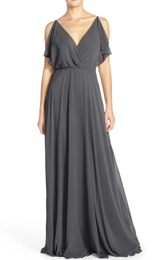 OKBBN V-neck Chiffon Long Ball Dress with Strap