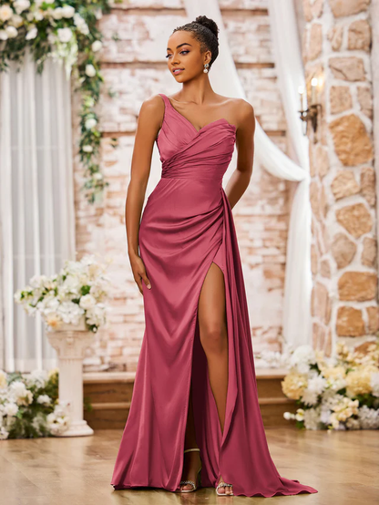 OKBBN one shoulder sweetheart high slit sexy bridesmaid dress