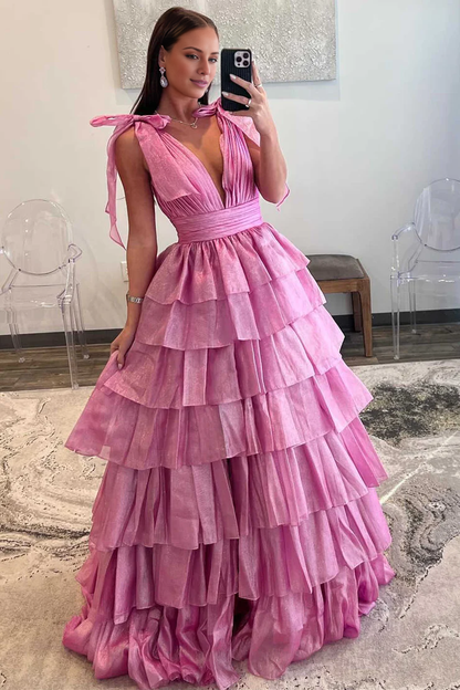 OKBBN Cute Ball Dress V-neck Lace Layered Organza Long Ball Dress
