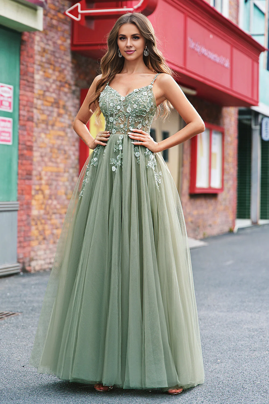 OKBBN A-line tight corset sequined chiffon long evening gown