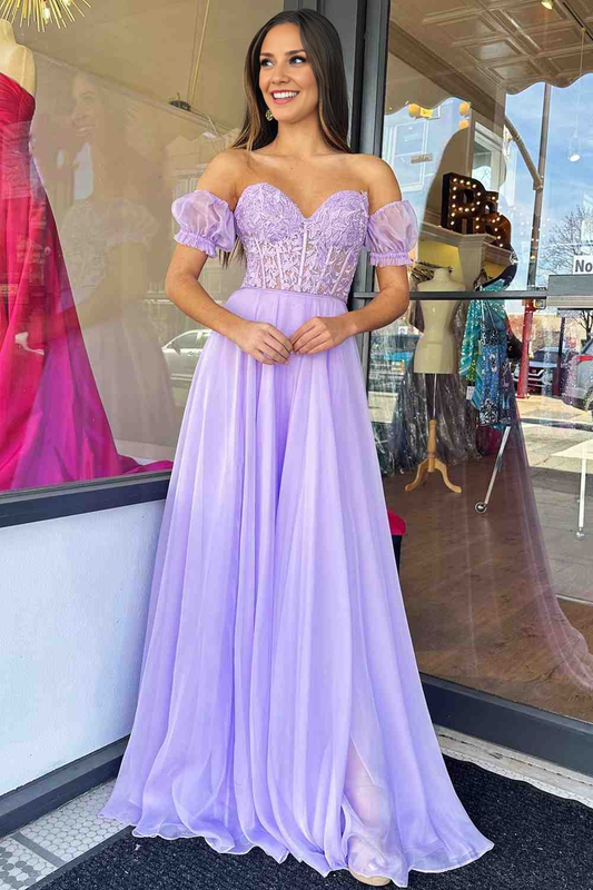 OKBBN off shoulder A-line chiffon applique lace up long ball gown