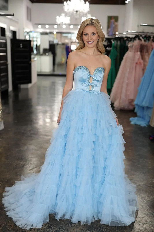 OKBBN A-line Sweetheart Ruffle Layered Long Ball Dress