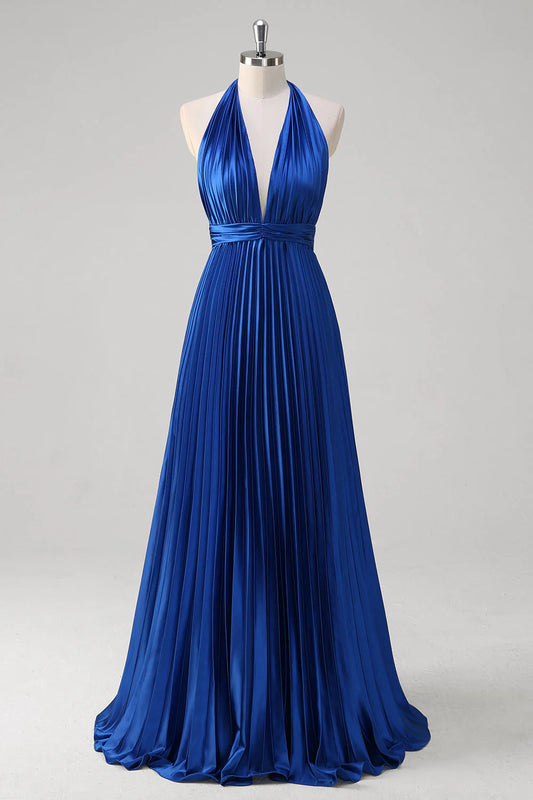 OKBBN satin A-line hanging neck pleated backless long evening gown