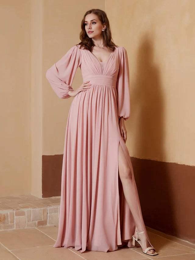 OKBBN deep V-neck and floor split bridesmaid dress
