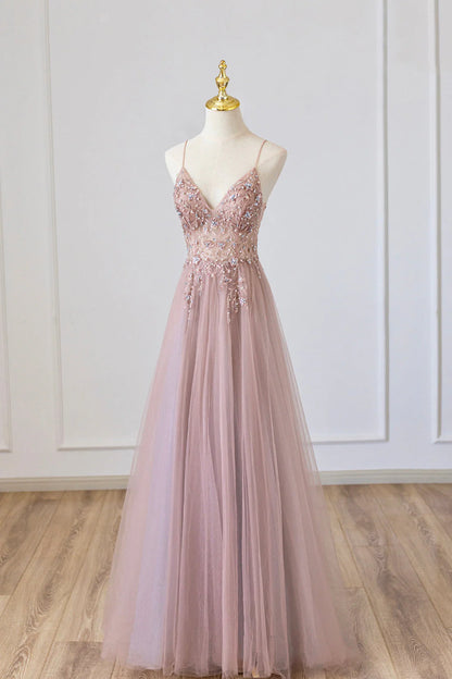 OKBBN chiffon long A-line thin shoulder strap beaded ball gown
