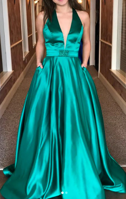 OKBBN Deep V-neck Long Satin Formal Ball Dress