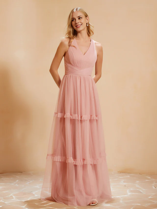 OKBBN V-neck pleated ruffle and ground chiffon bridesmaid dress