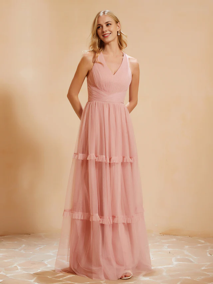 OKBBN V-neck pleated ruffle and ground chiffon bridesmaid dress