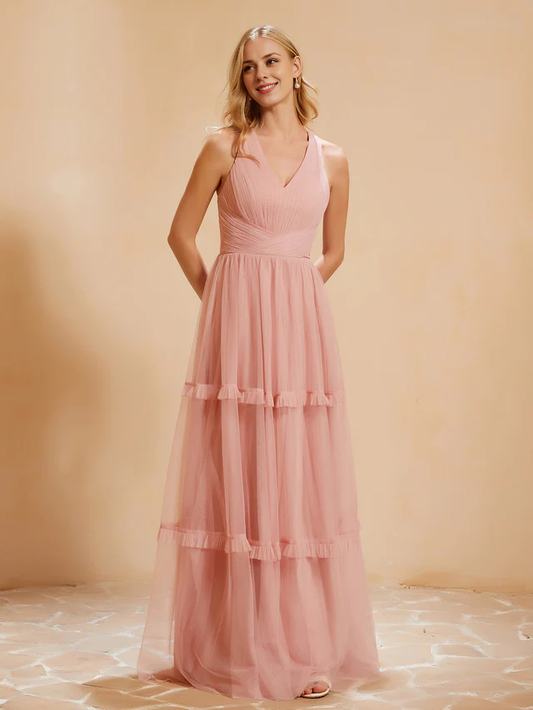 OKBBN V-neck pleated ruffle and ground chiffon bridesmaid dress