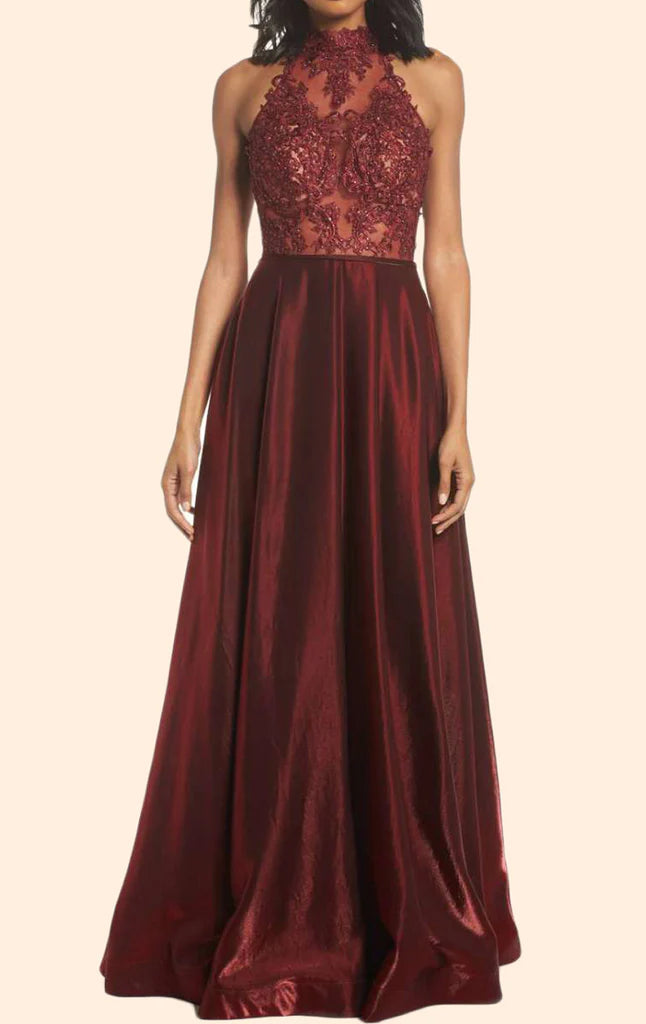 OKBBN backless high neck lace long formal ball dress
