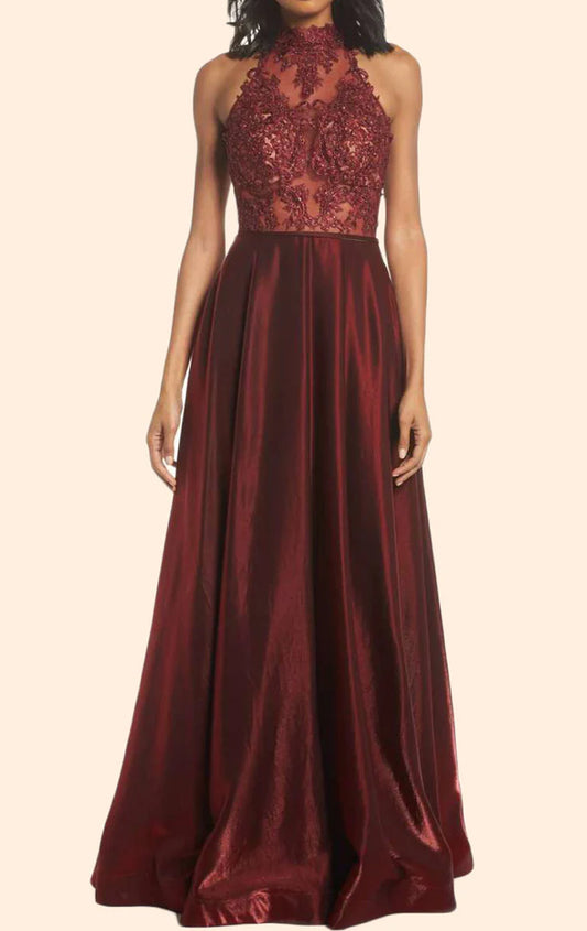 OKBBN backless high neck lace long formal ball dress