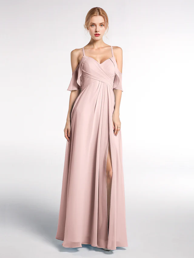 OKBBN slim shoulder strap high waisted ruffled hem slim fit bridesmaid dress