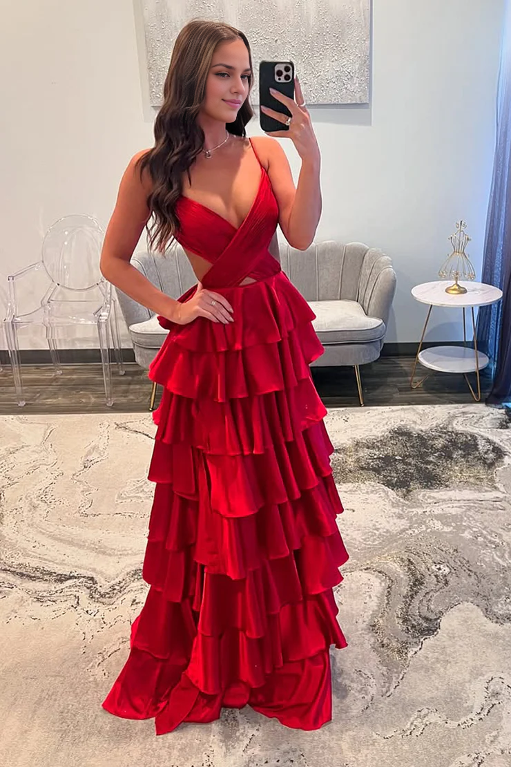 OKBBN Cute A-line V-neck Satin Layered Long Split Ball Dress
