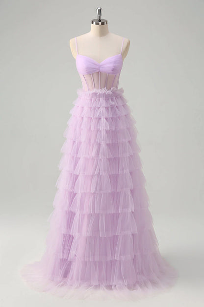OKBBN A-line thin shoulder strap transparent tight corset layered long layered ballroom dress