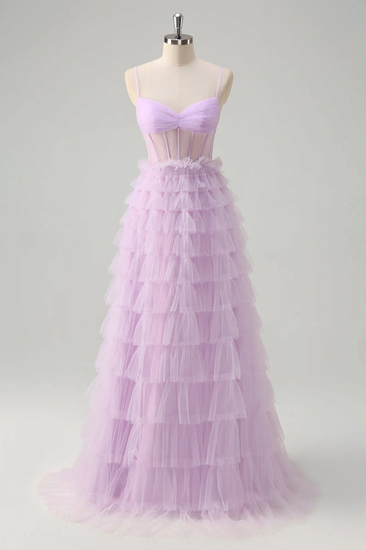 OKBBN A-line thin shoulder strap transparent tight corset layered long layered ballroom dress