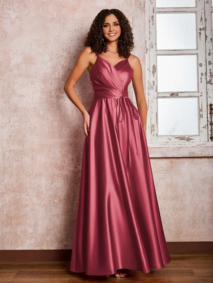 OKBBN Princess Thin Shoulder Strap Long Satin Bridesmaid Dress
