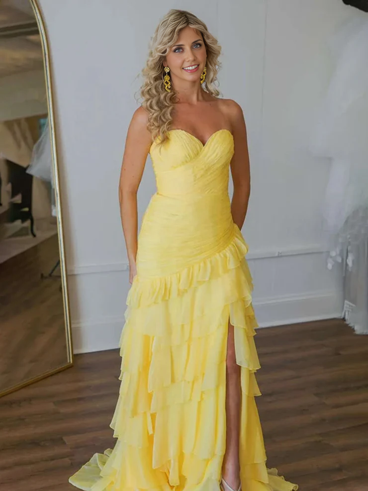 OKBBN Cute A-Shape Sweetheart Ruffle Chiffon Split Long Ball Dress