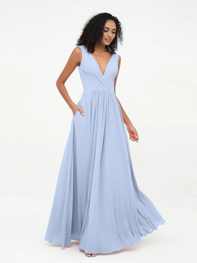 OKBBN Pocket V-neck Chiffon Bridesmaid Dress