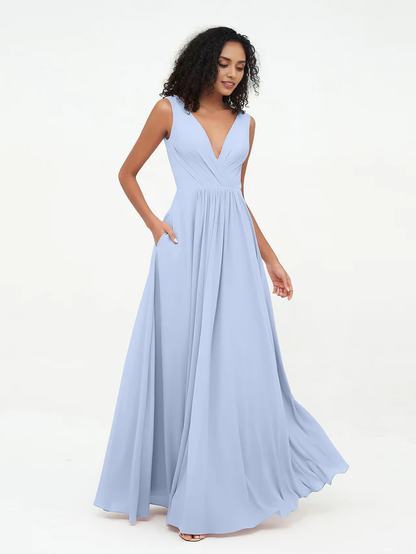 OKBBN Pocket V-neck Chiffon Bridesmaid Dress