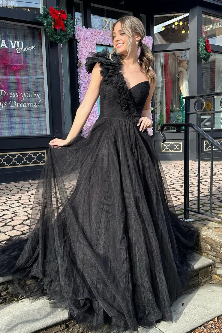 OKBBN Cute One Shoulder Black Tulle Long Ball Gown