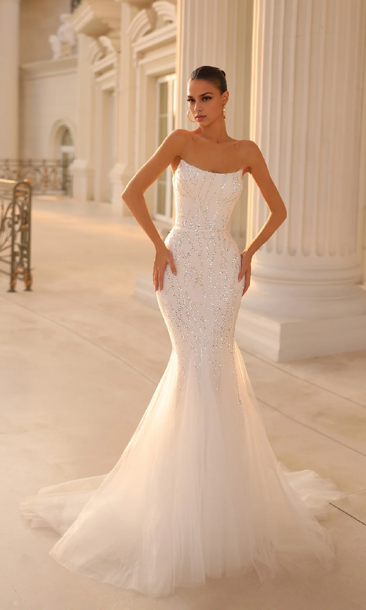 OKBBN Elegant Off Shoulder Strapless Long Sparkling Ball Dress
