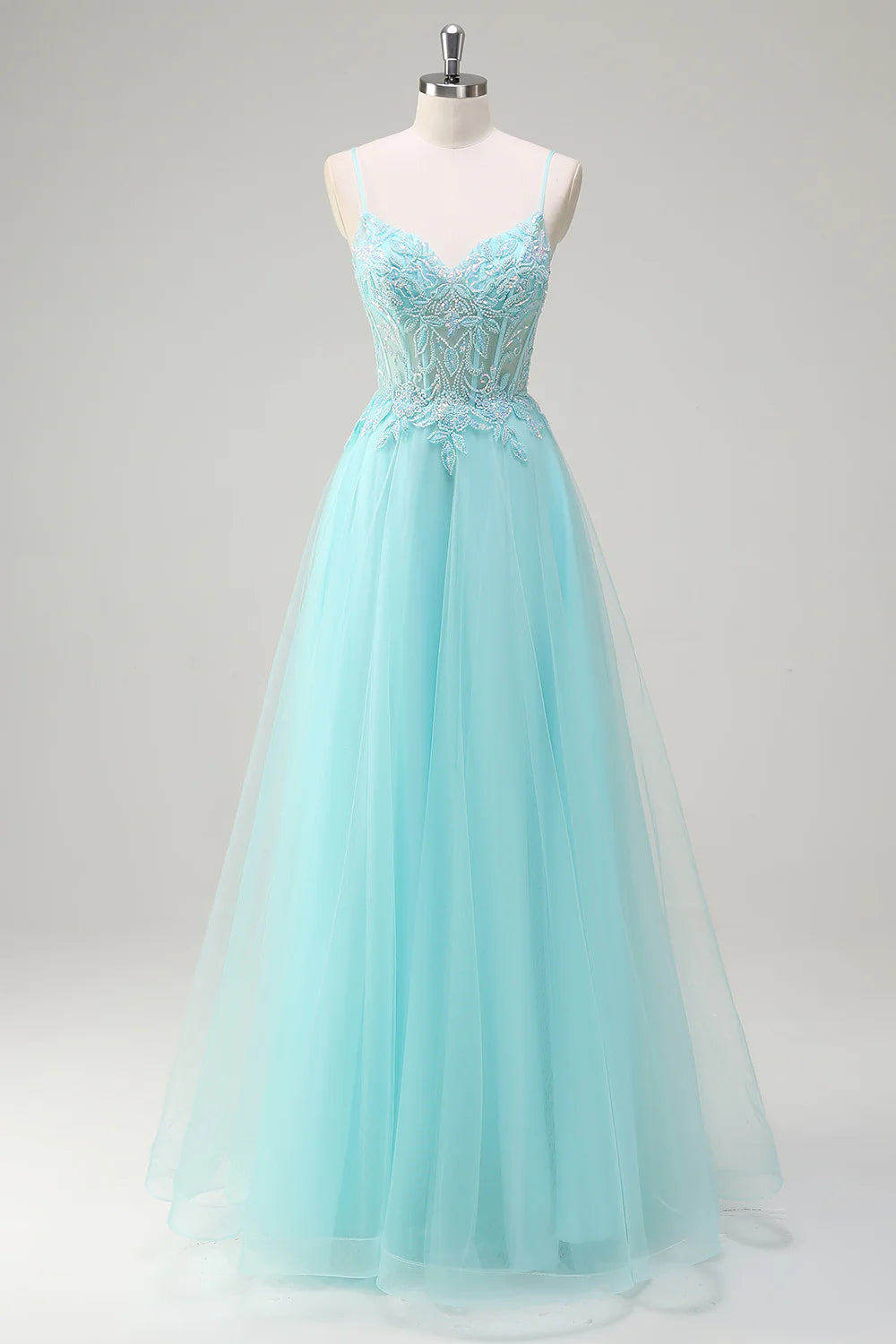 OKBBN A-line thin shoulder strap sequined chiffon long ball dress