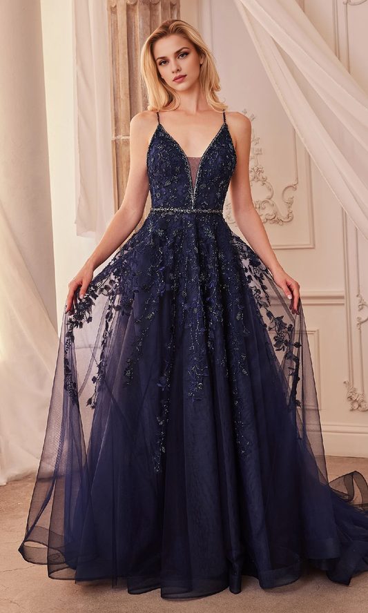 OKBBN applique thin shoulder strap V-neck backless ball gown