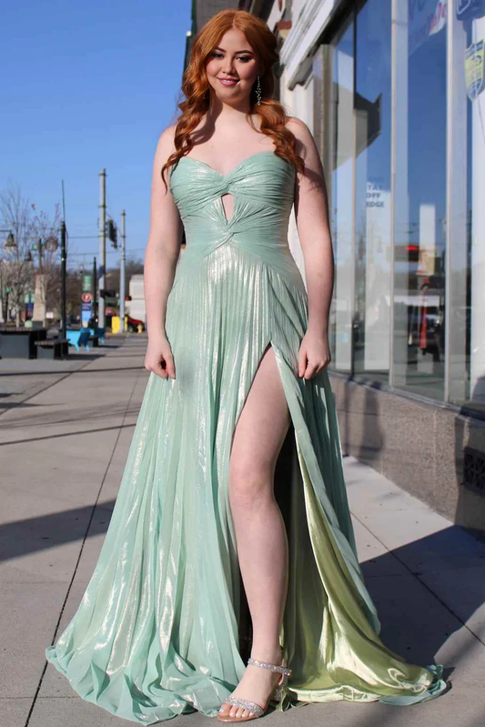 OKBBN charming A-line sweetheart pleated satin slit long ball dress