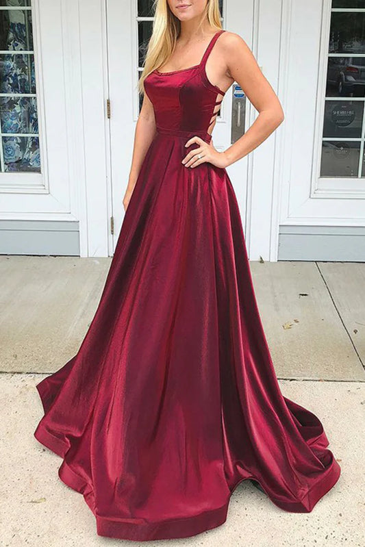 OKBBN Elegant Strap Round Neck Satin Long Formal Ball Dress