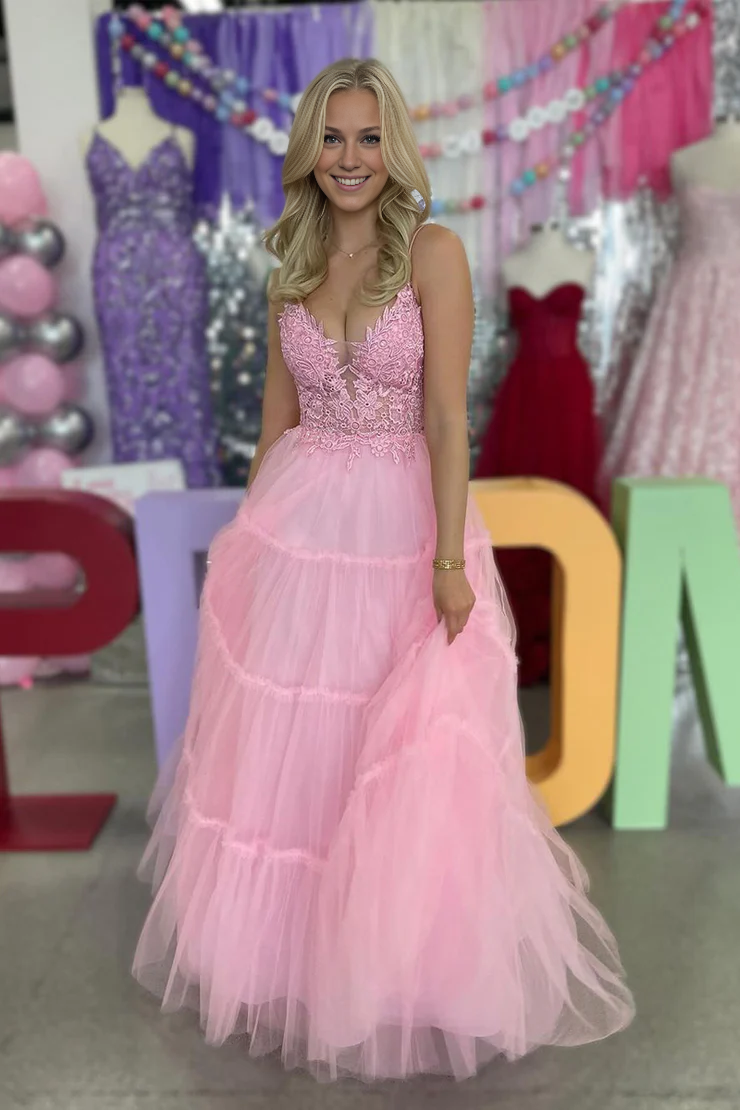 OKBBN A-line thin shoulder strap chiffon long ball gown